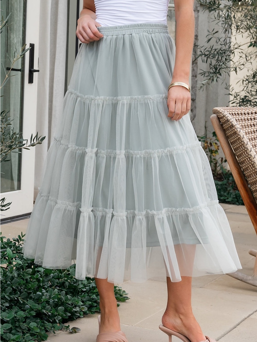 Light Sage Tulle Midi Skirt